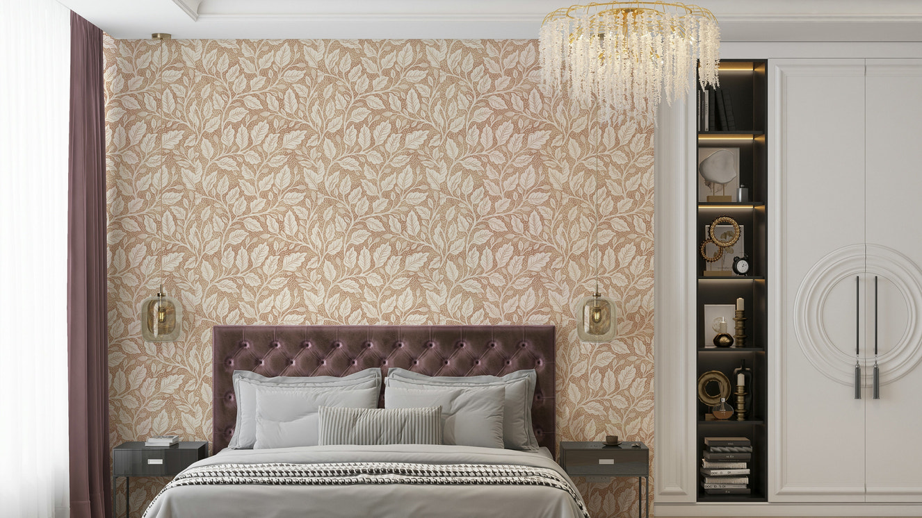 Elegant budding branches on brown wallpaper

