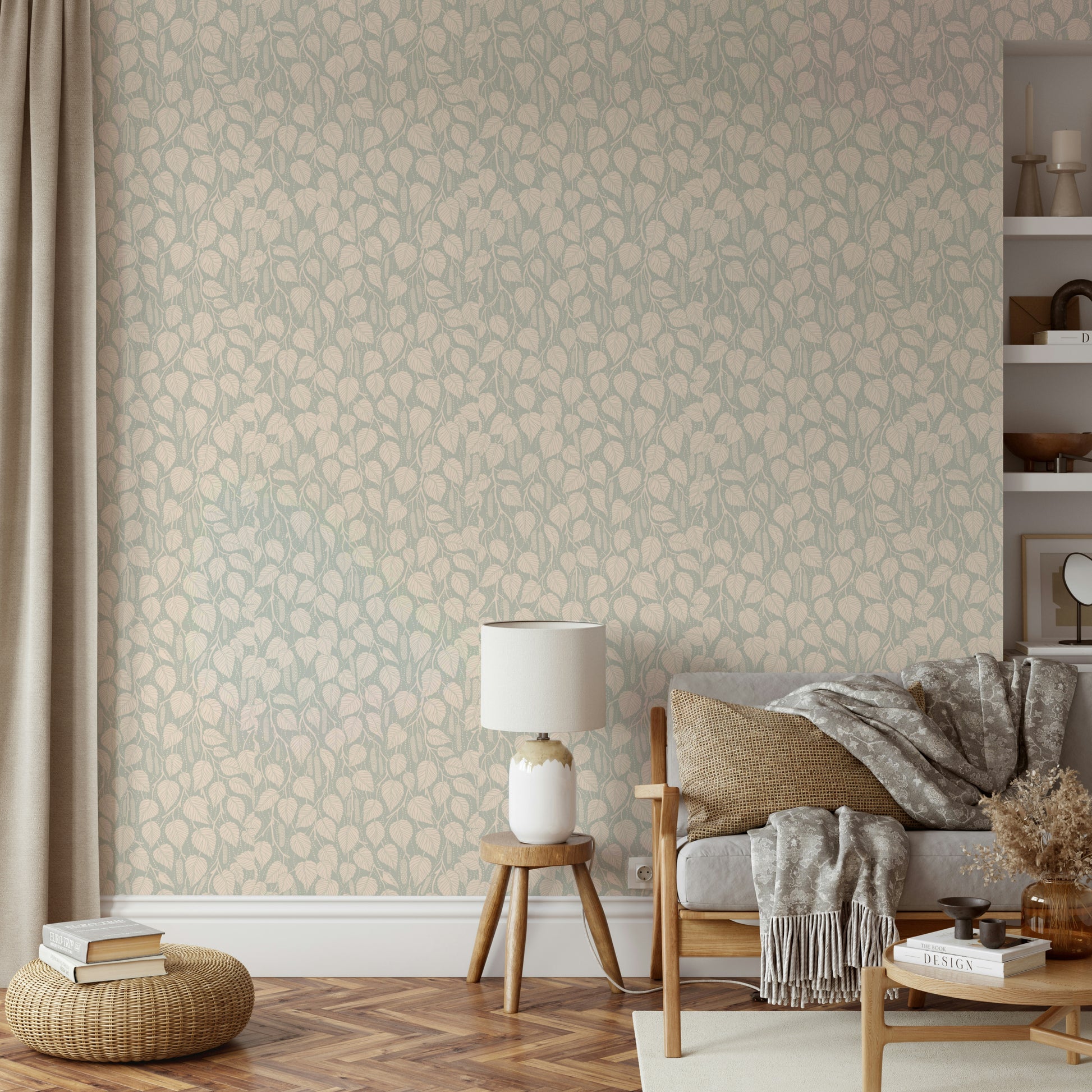 Dewy birch leaves wallpaper mural

