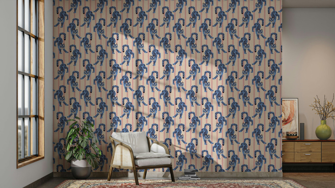 Bedroom with blue tiger wallpaper mural

