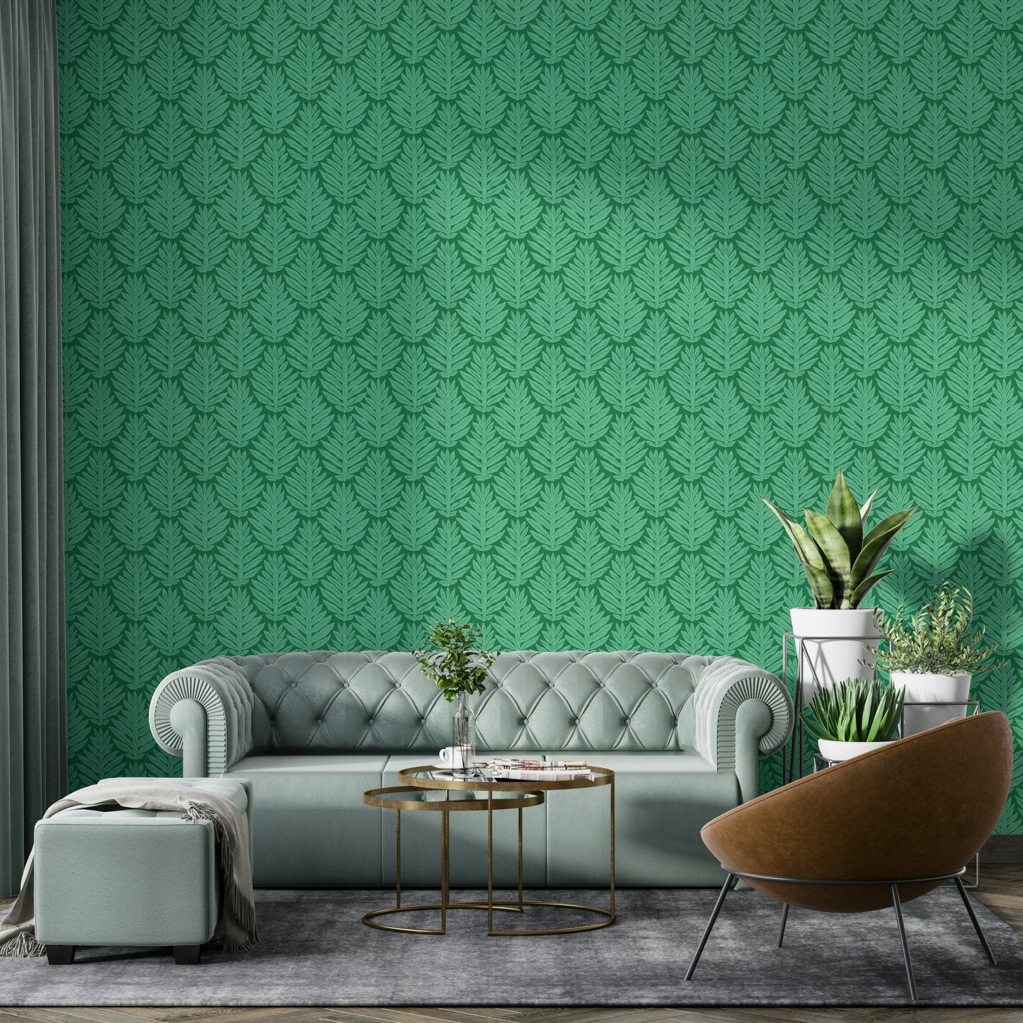 Bedroom accent wall with green leaf design

