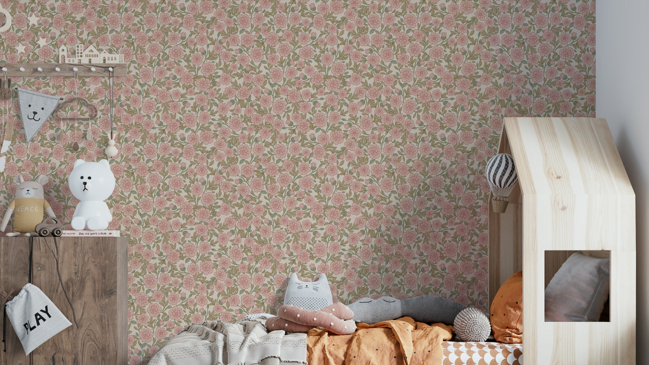 Bedroom wall with Juno peach floral wallpaper

