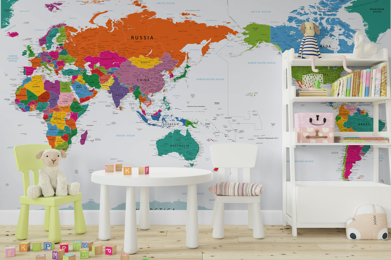 Pacific Centered World Map Fun Colors Wall Mural full view