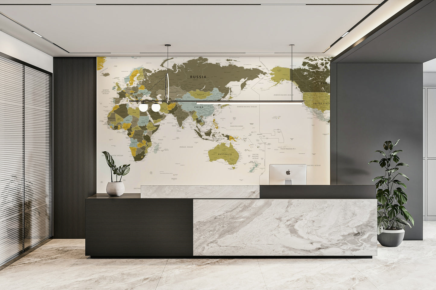 Pacific Centered Olive Green World Map Wall Mural full view

