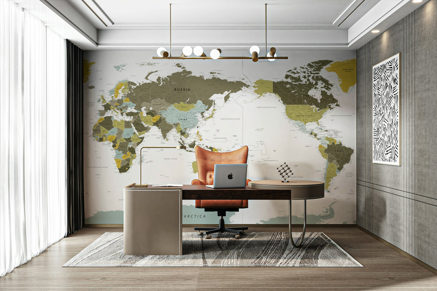 Office wall with olive green map mural design

