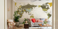 Close-up of olive green world map mural wallpaper

