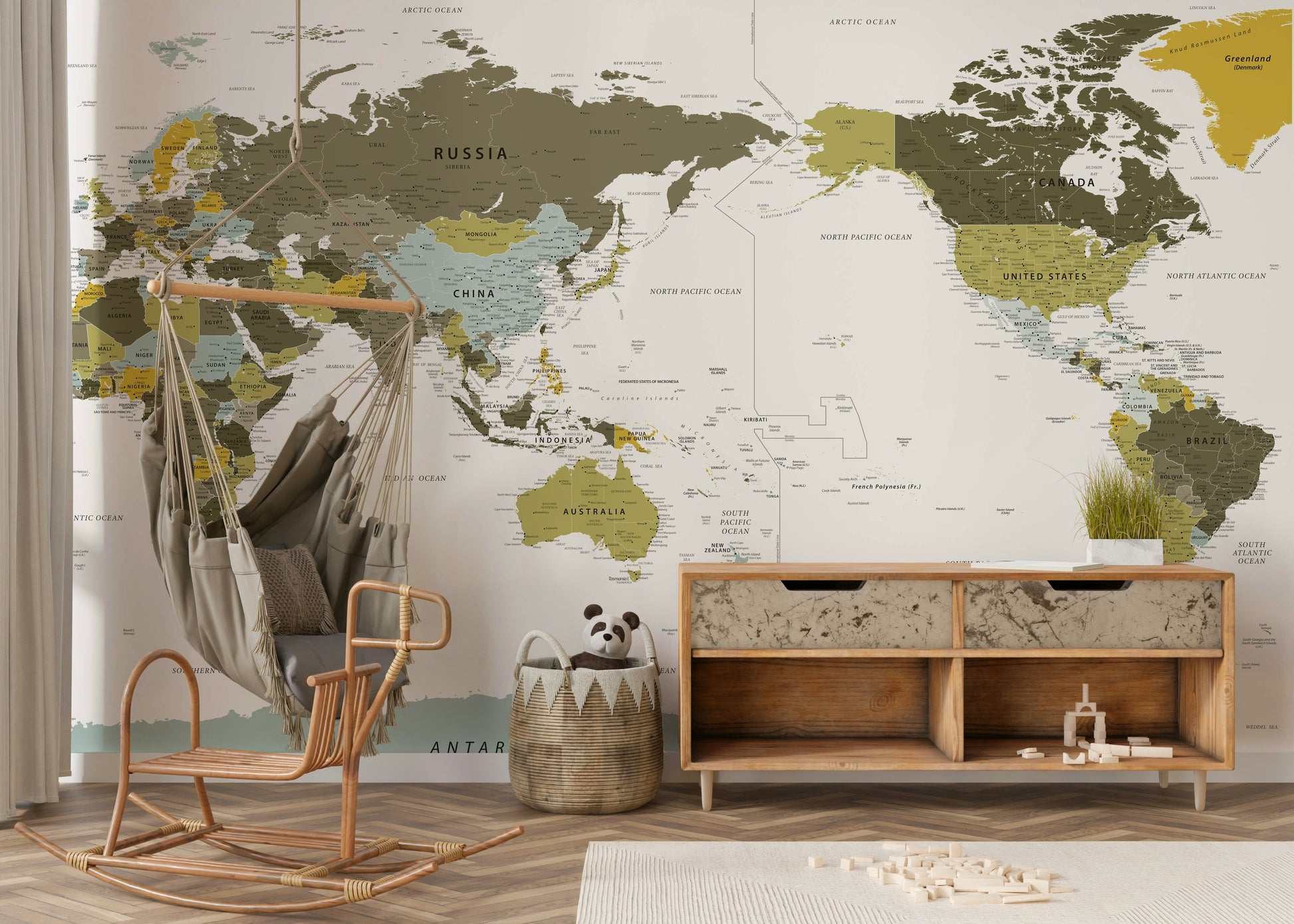Study room with detailed green world map wallpaper

