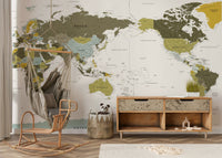 Study room with detailed green world map wallpaper

