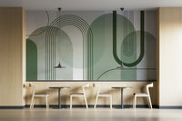 Close-up of sage green arch shapes mural

