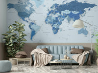 Office wall with blue map mural design


