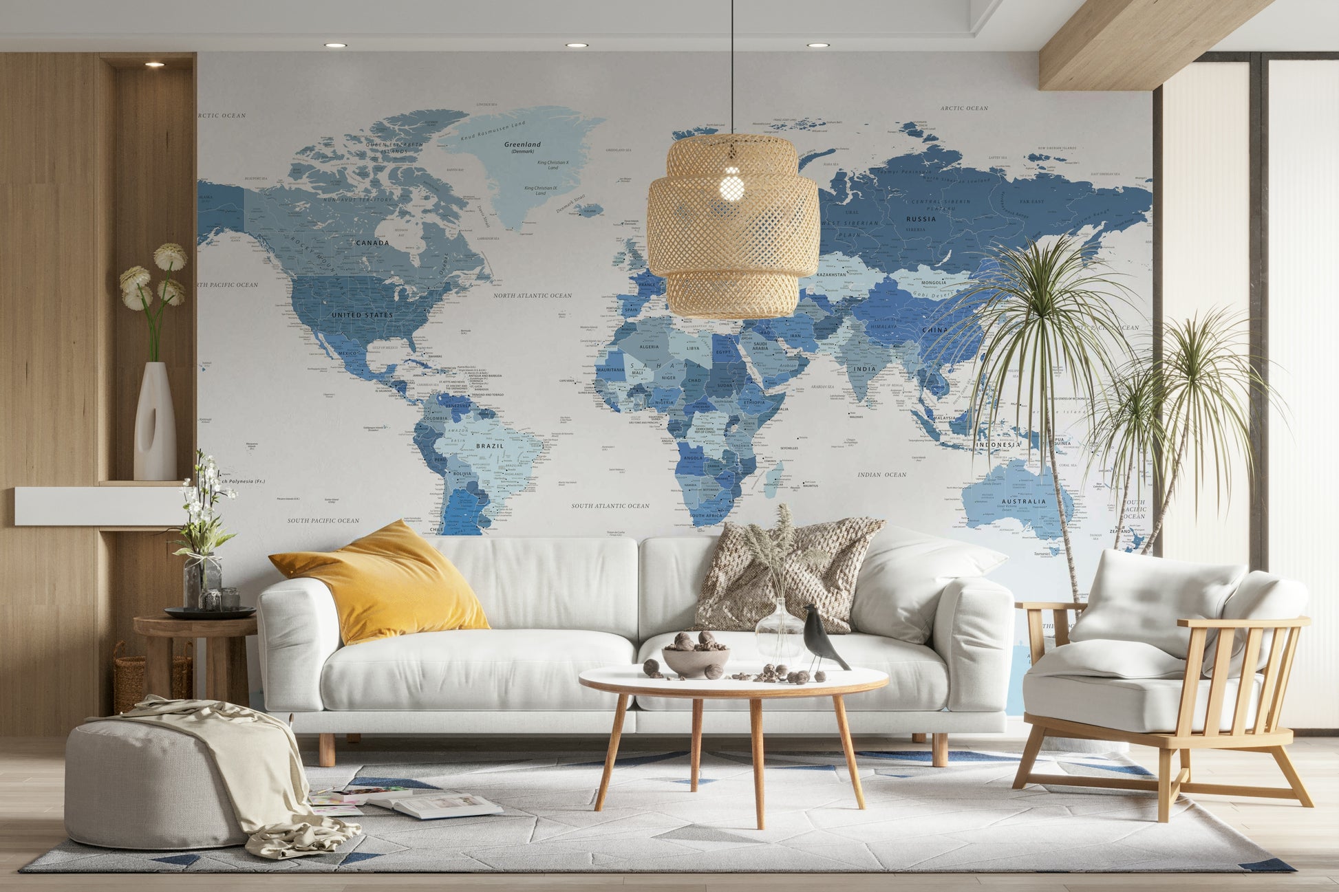 Study room with intricate world map wallpaper


