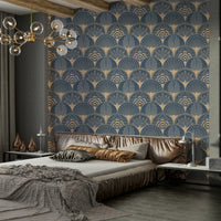 Retro fan design wallpaper in blue and gold tones

