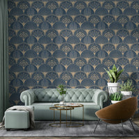 Glamorous wallpaper with gold fans on royal blue

