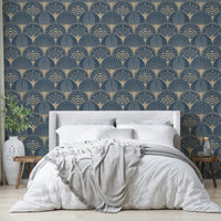 Art Deco golden fans on blue wallpaper design

