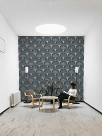 Blue Art Deco wallpaper with shimmering gold fans

