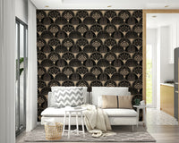 Elegant gold fan motifs on dark backdrop wallpaper

