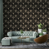 Art Deco golden fans on black wallpaper pattern

