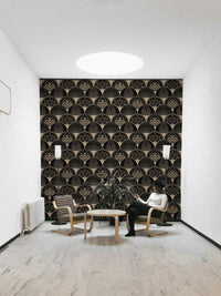 Glam black wallpaper with shimmering gold fans

