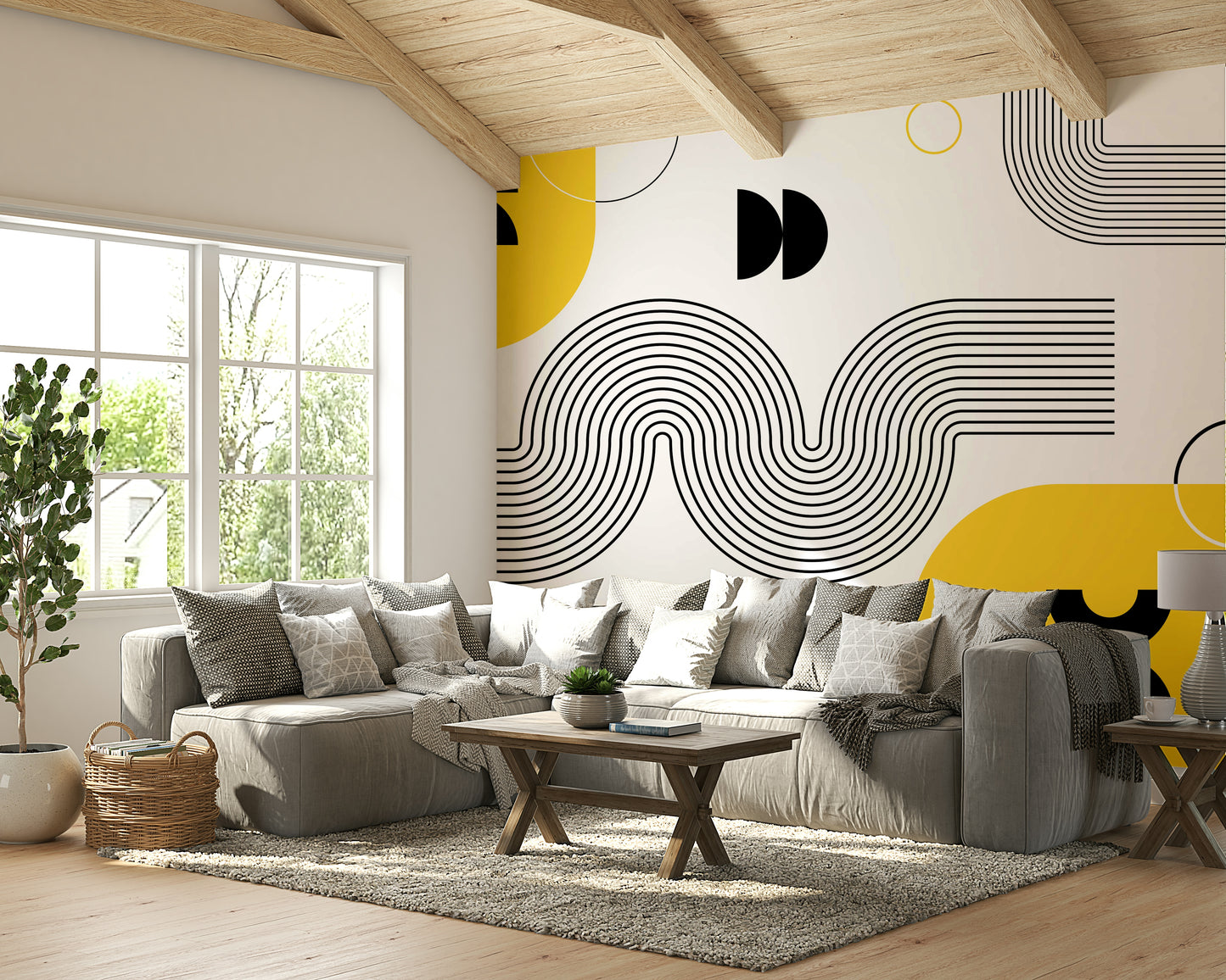 Living room with modern retro wall mural

