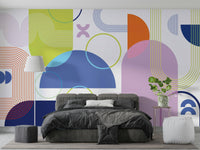 Living room with bold geometric wall mural

