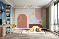 Living room with bold geometric wall mural

