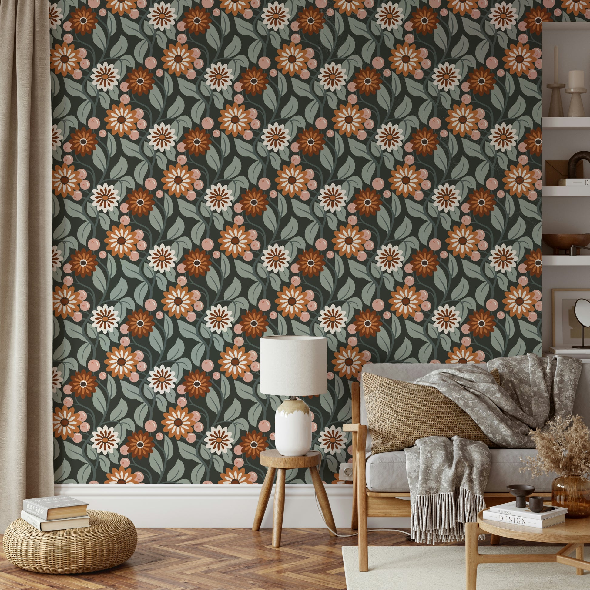 Classic 70s style Retro Bloom floral wall covering

