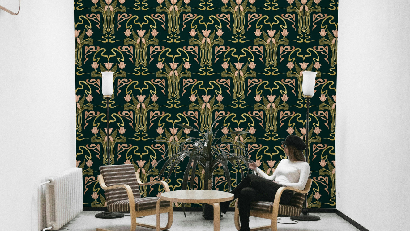 Floral nouveau wallpaper deep forest design

