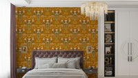 Deco floral wallpaper golden ochre tones

