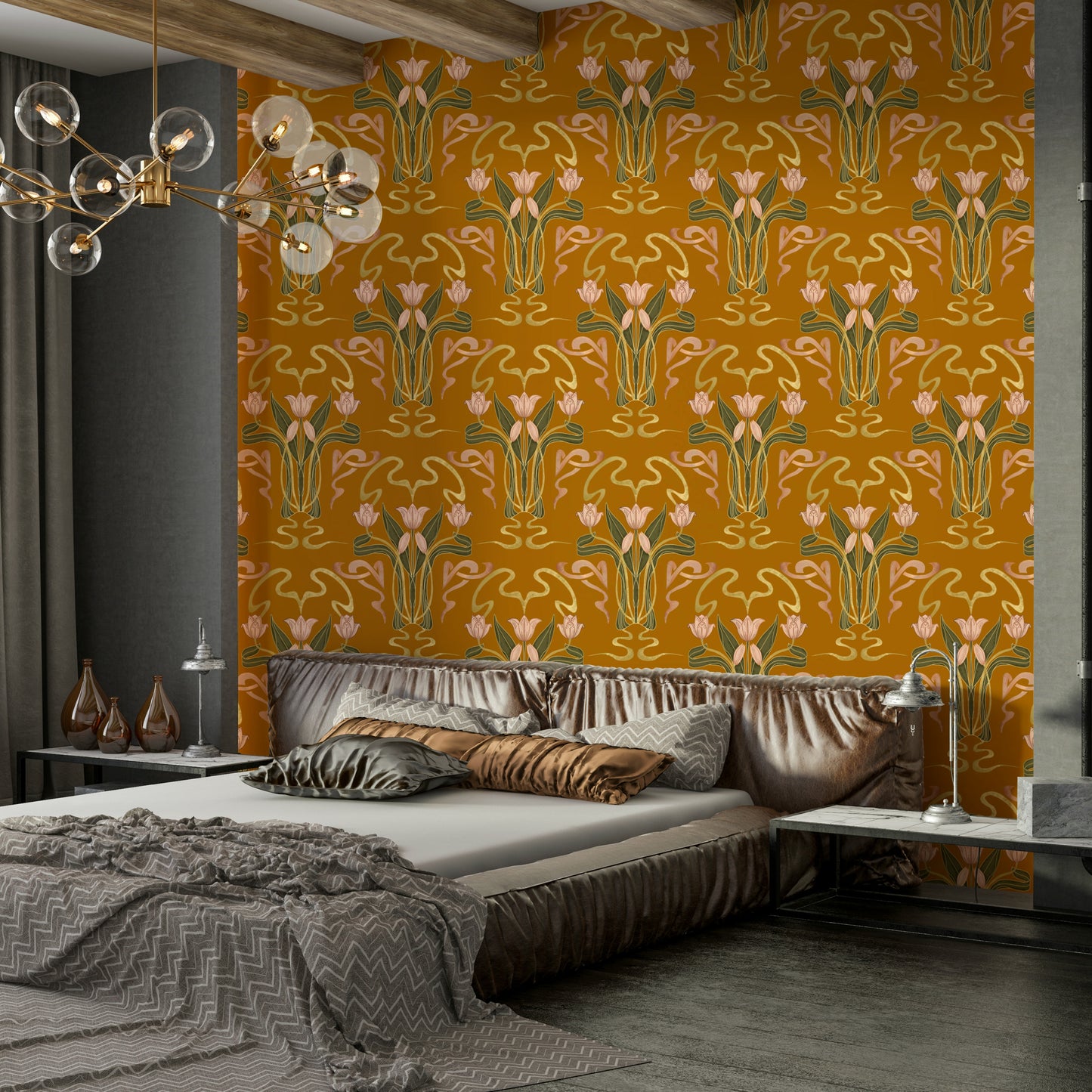 Ochre floral art deco wallpaper golden tones

