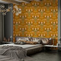 Ochre floral art deco wallpaper golden tones

