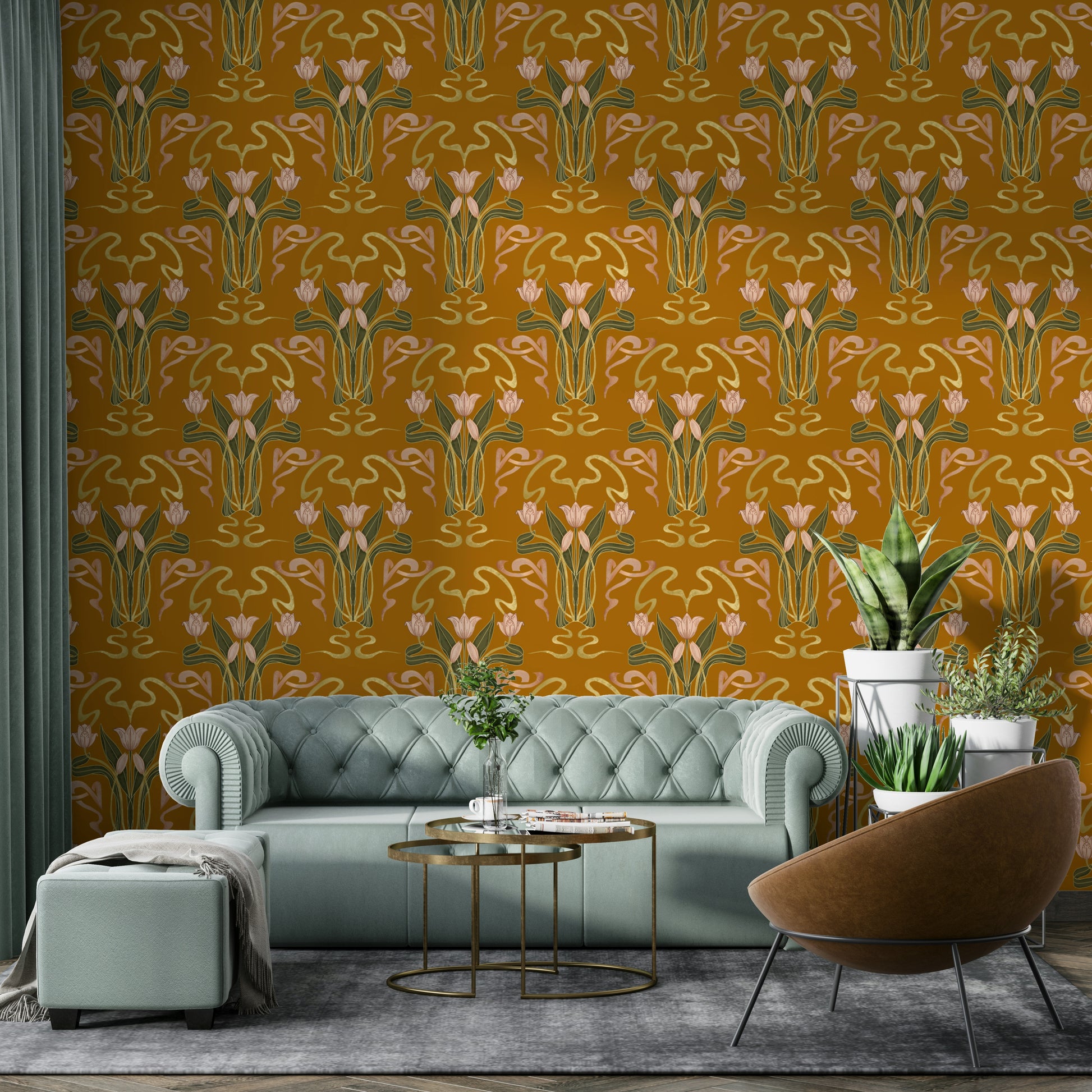 Tulip bloom art deco wallpaper golden hues

