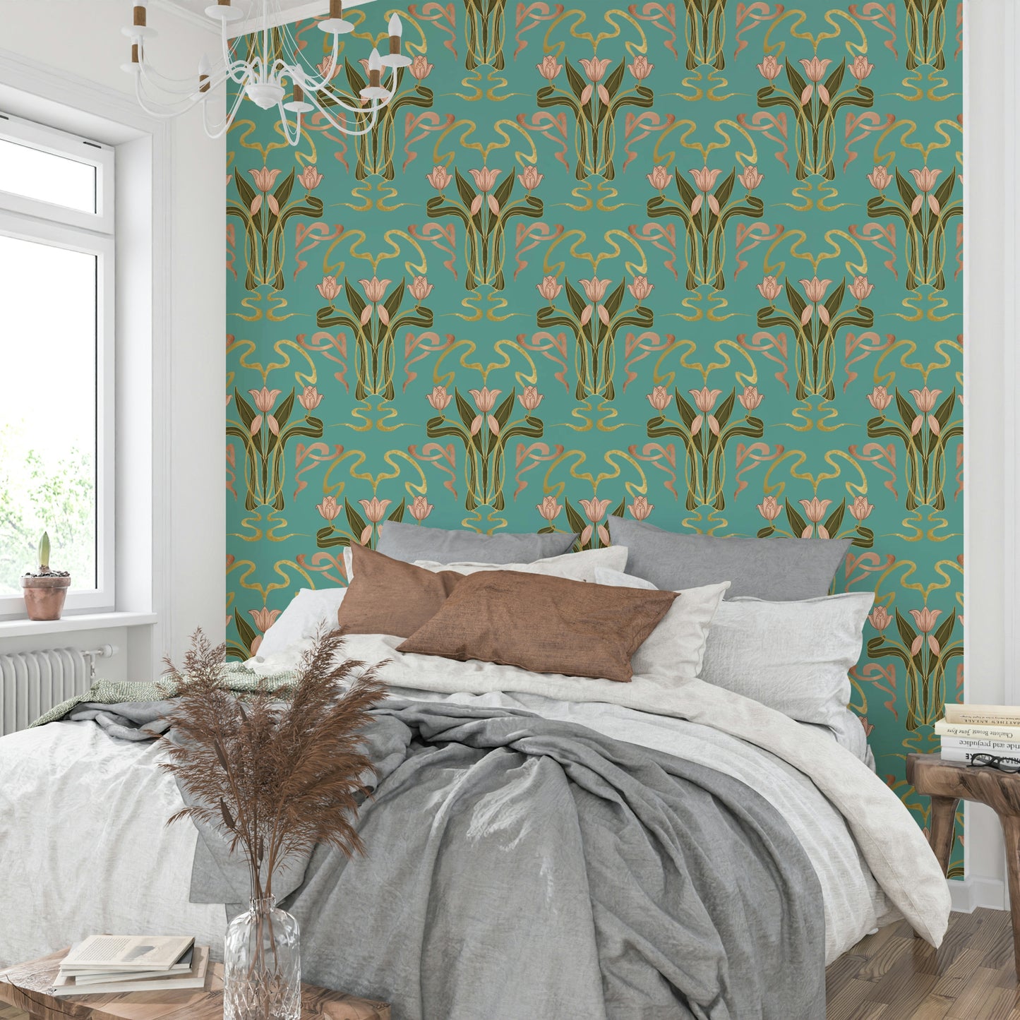 Tulip bloom art deco wallpaper serene aqua


