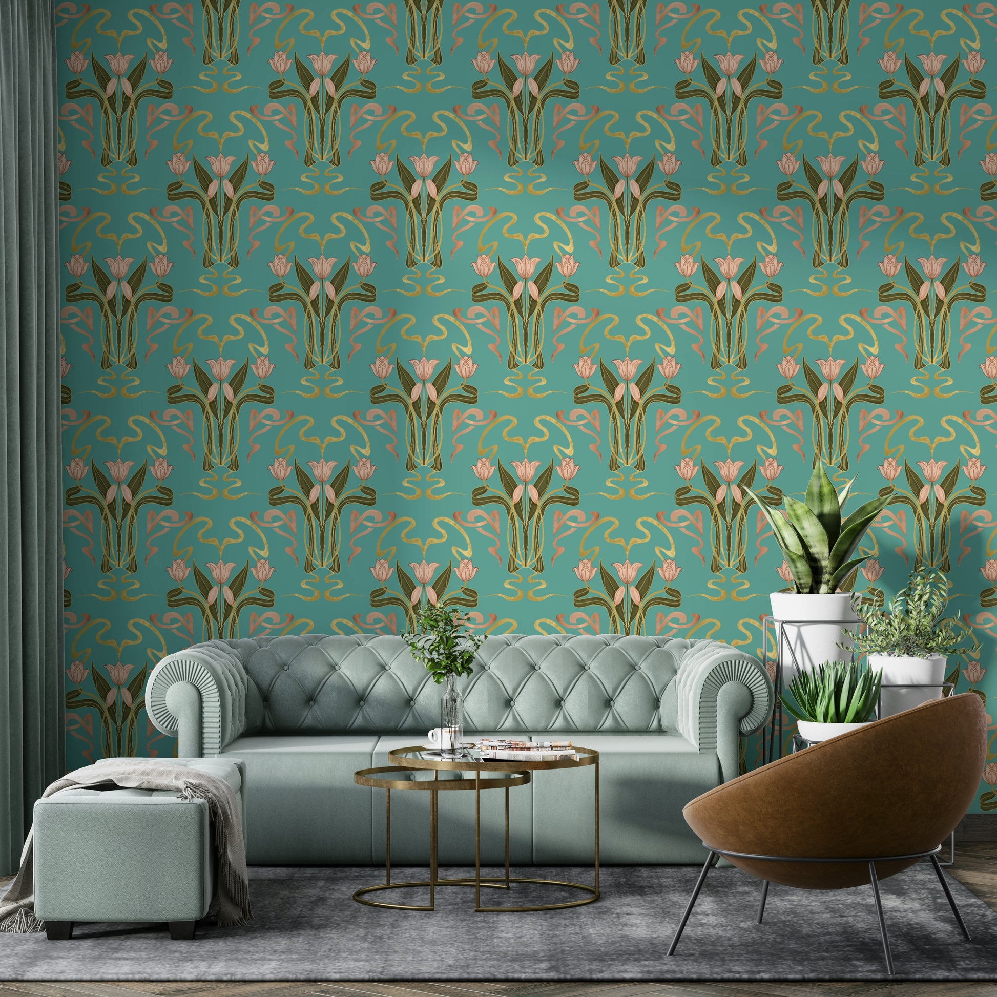 Tulip bloom wallpaper in serene aqua shade

