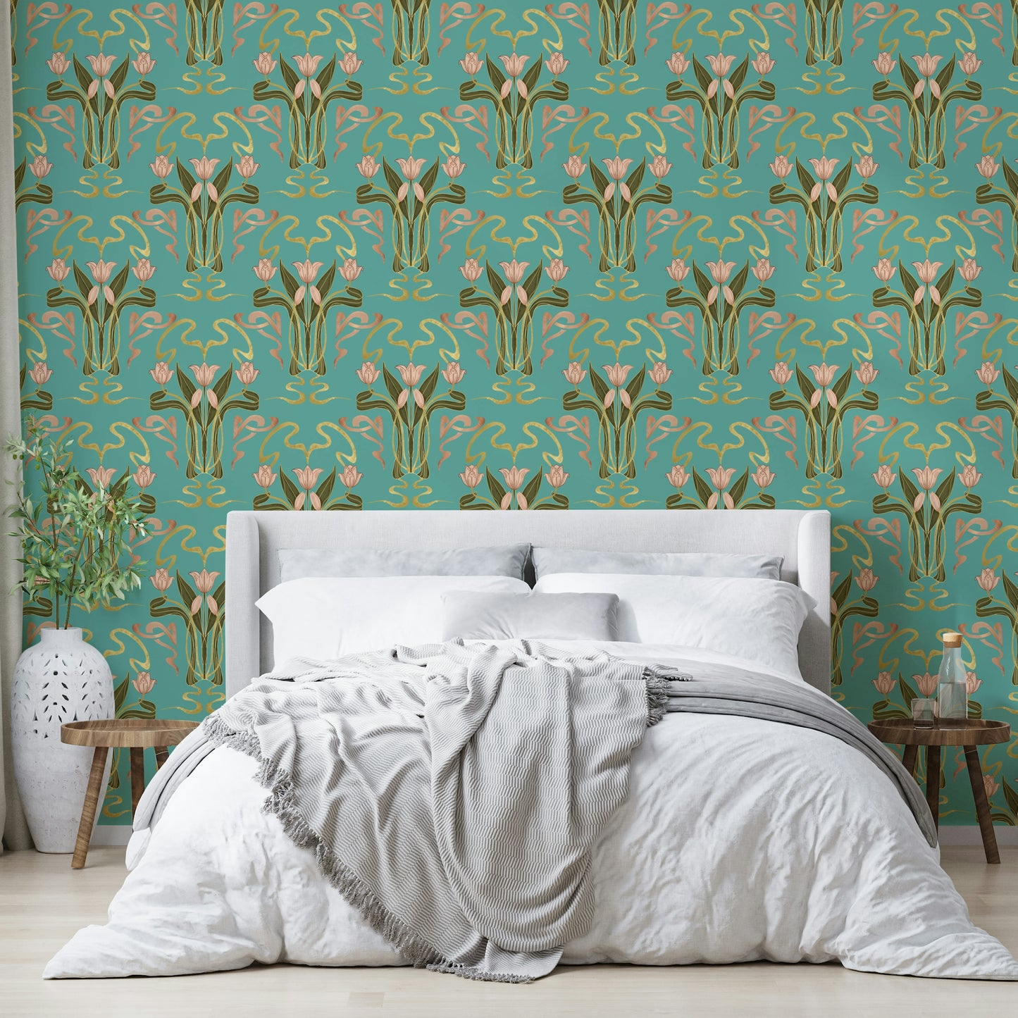Art deco tulip bloom wallpaper serene aqua

