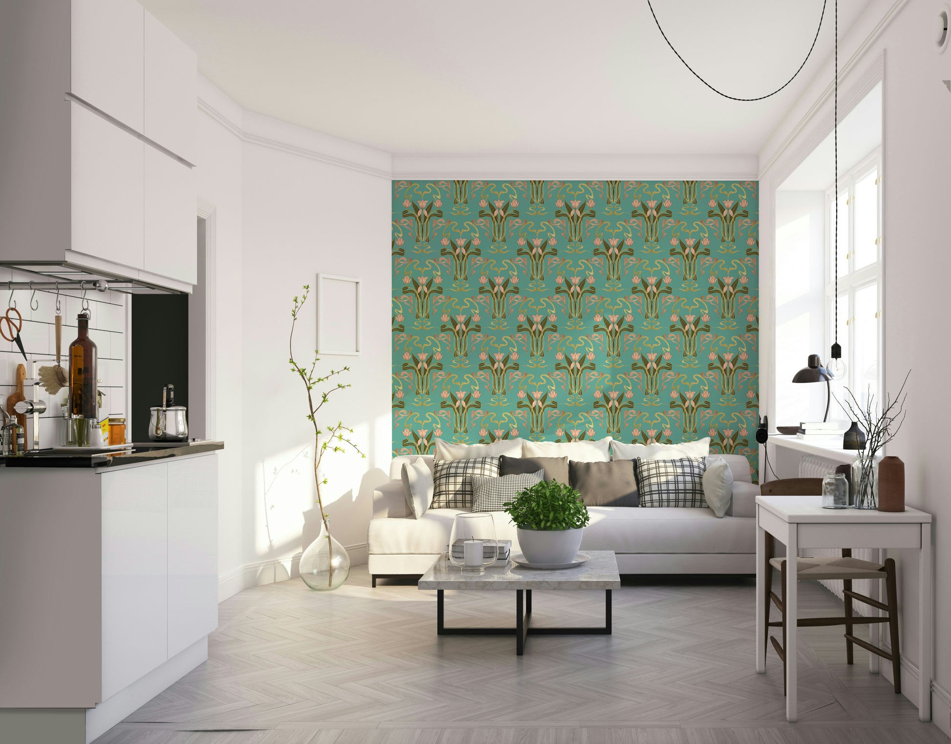 Serene aqua art deco floral wallpaper

