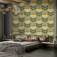Mid century daisy wallpaper sage tones


