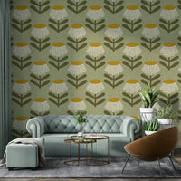 Sage green retro floral daisy wallpaper

