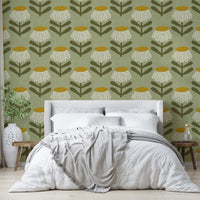 Retro sage floral wallpaper with daisies

