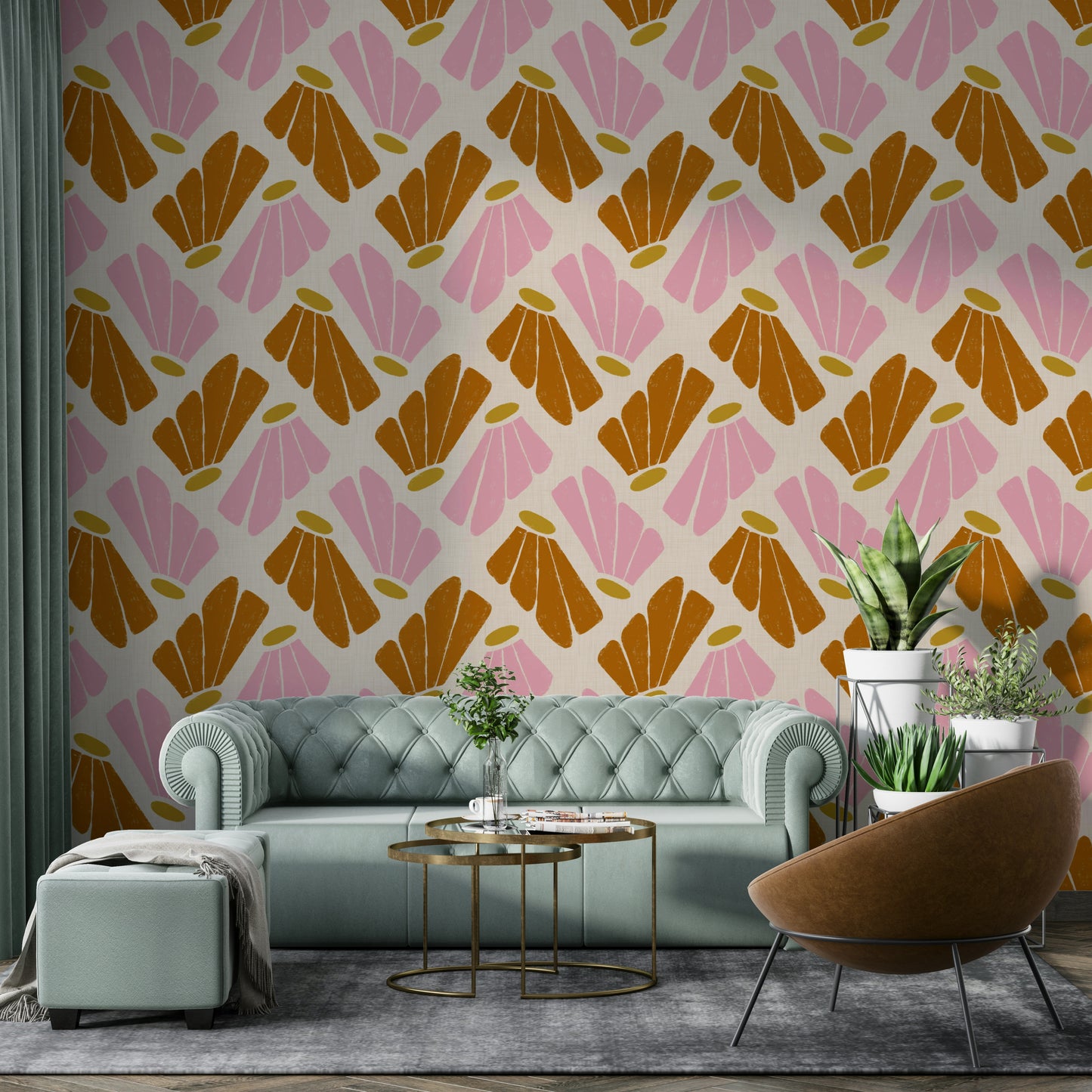Pink orange beige Matisse floral wallpaper

