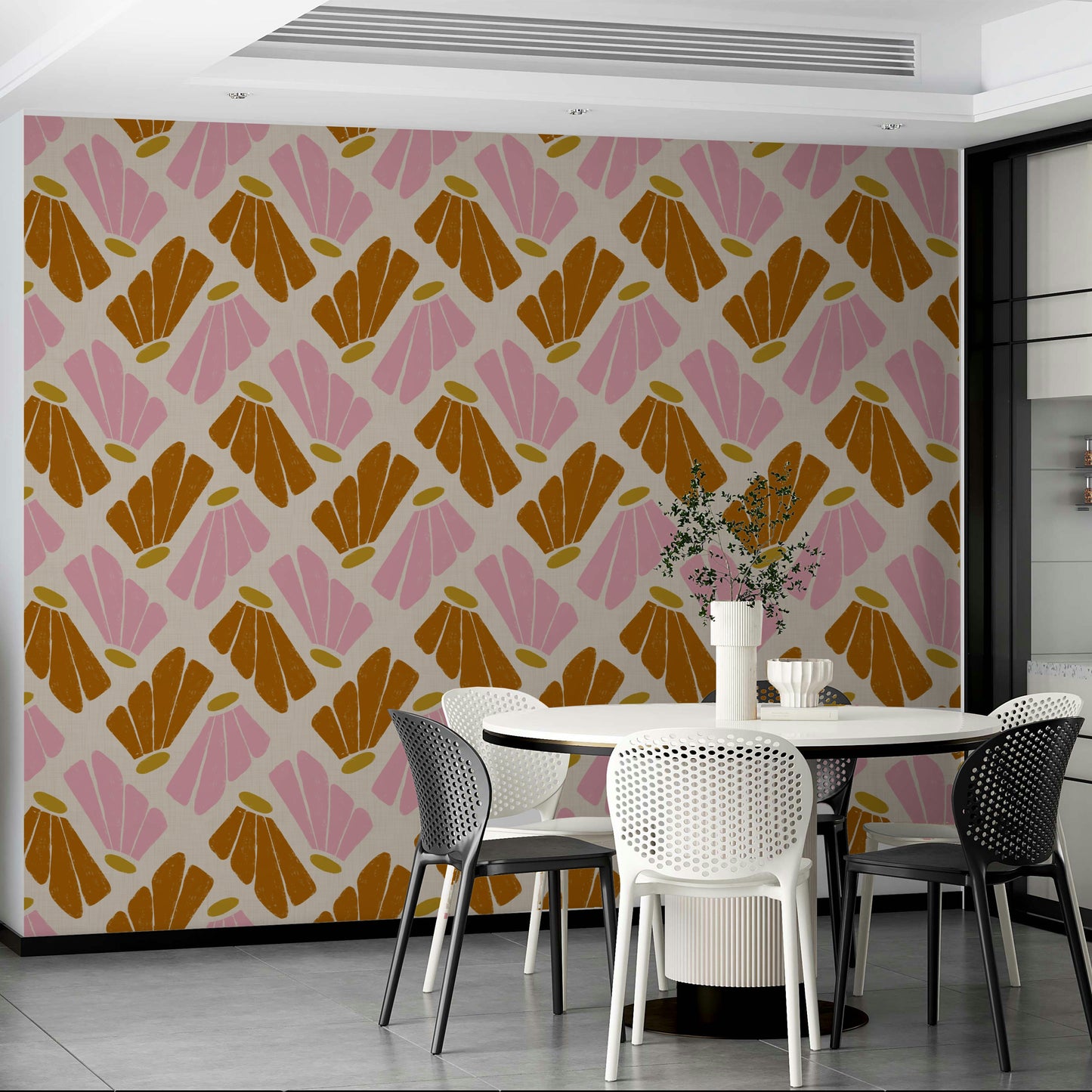Beige floral wallpaper with pink orange accents

