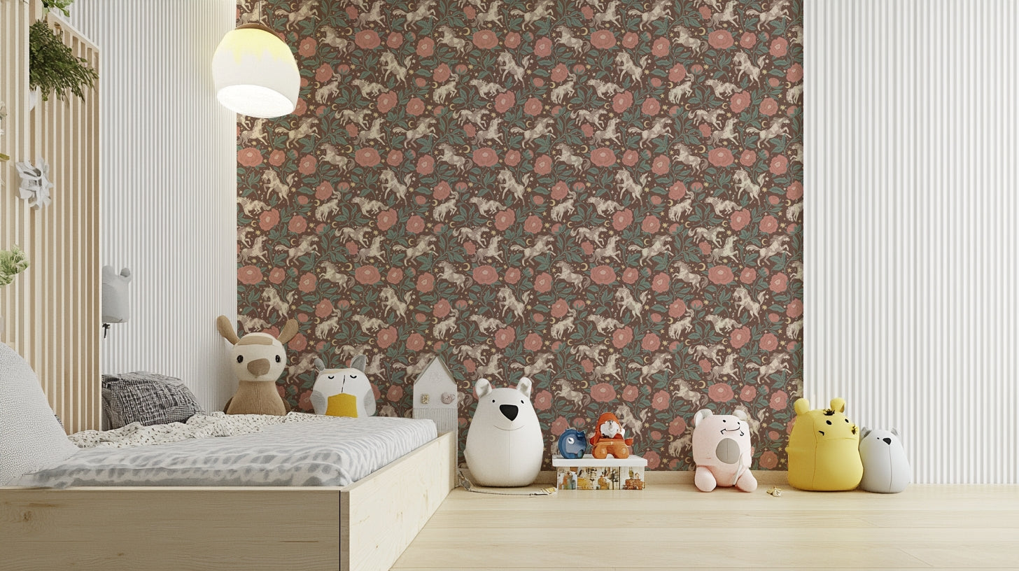 Playful ponies and peony floral wallpaper pattern

