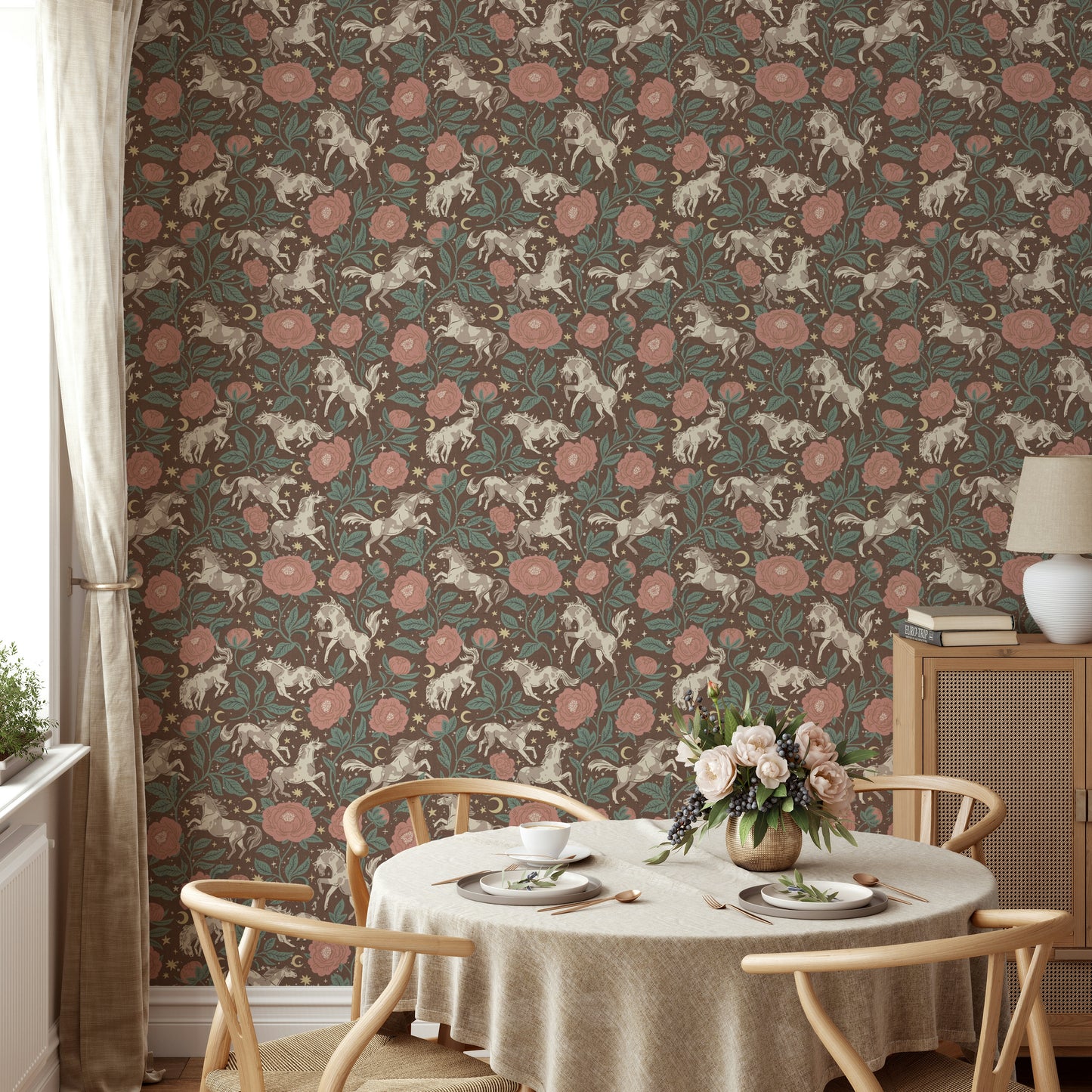 Ponies and Peonies Wild West Americana wallpaper detail

