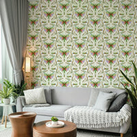 Elegant damask wallpaper with grasshopper motifs

