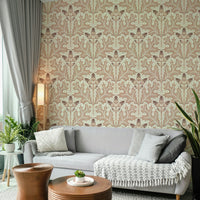 Terracotta oak leaf and acorn wallpaper pattern

