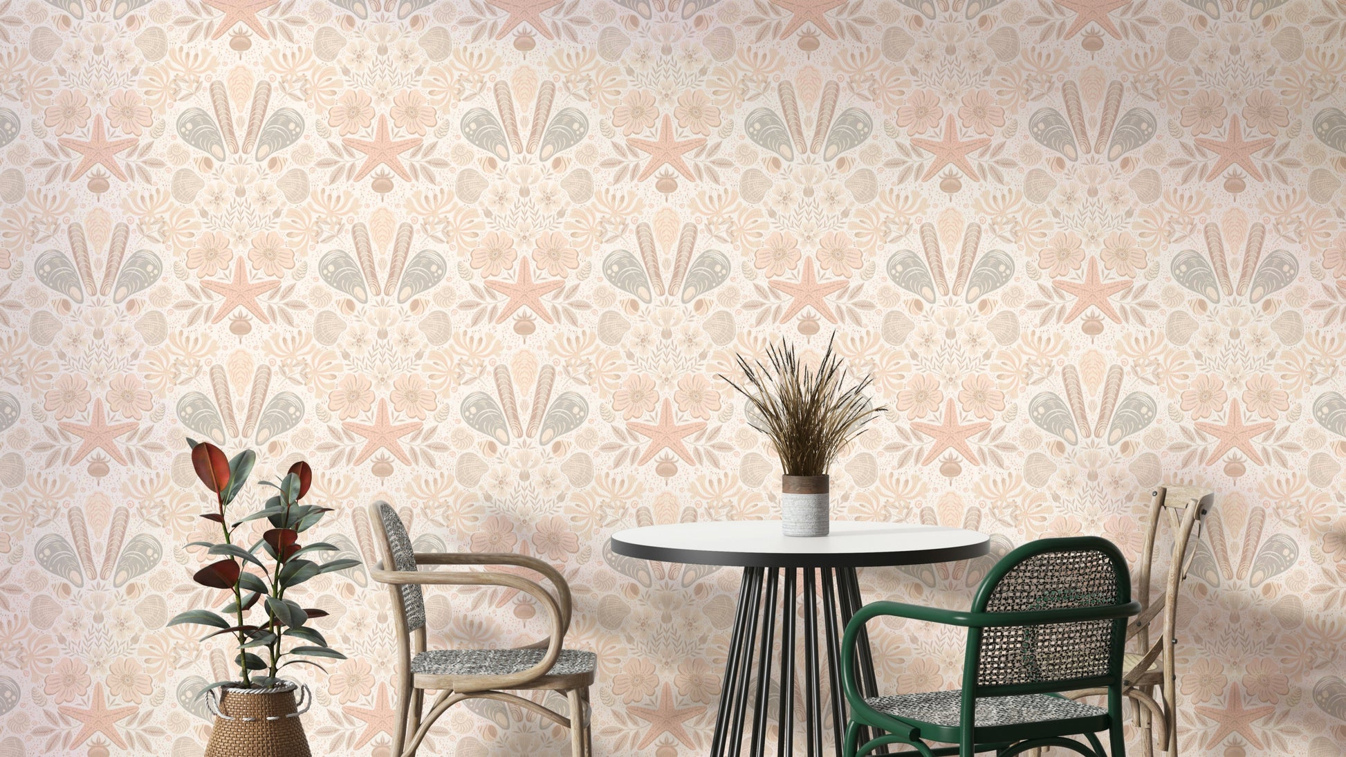 Scandinavian Beach Flora Damask Blush wallpaper detail

