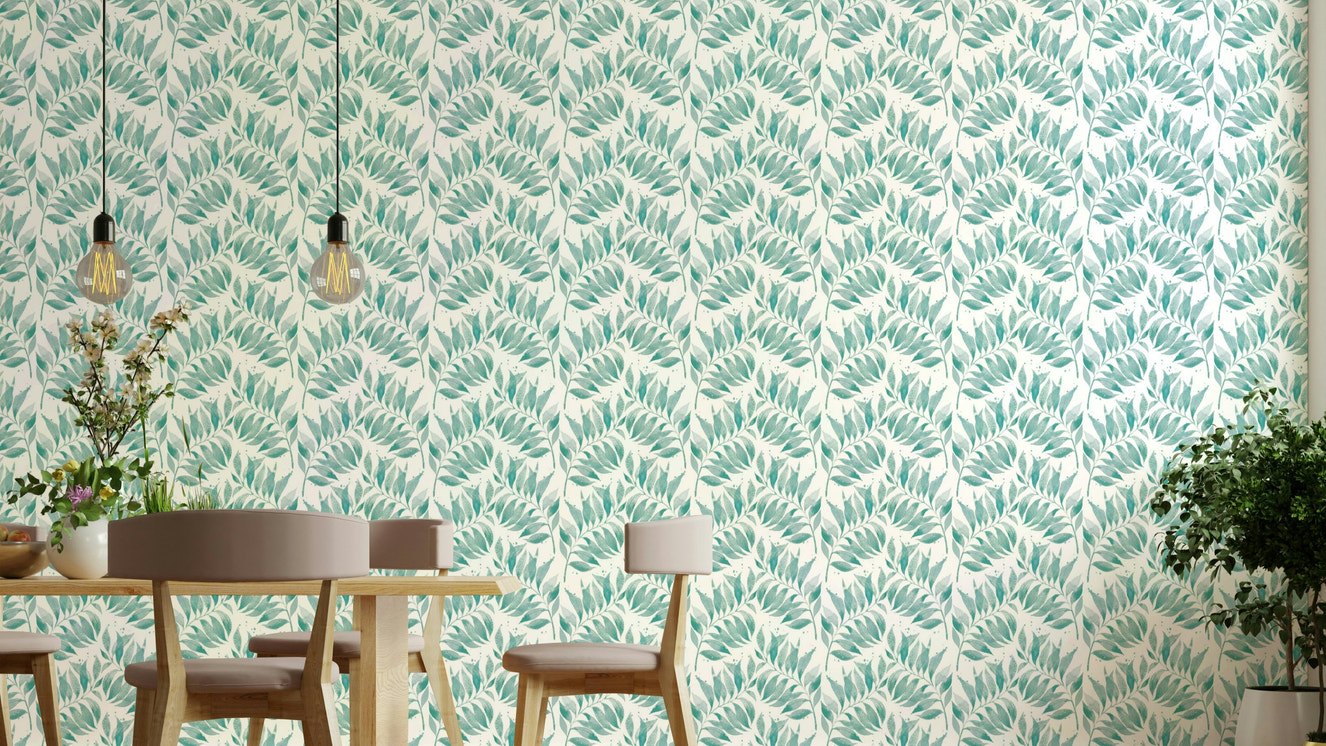 Soft aqua textured palm leaf wallpaper close-up


