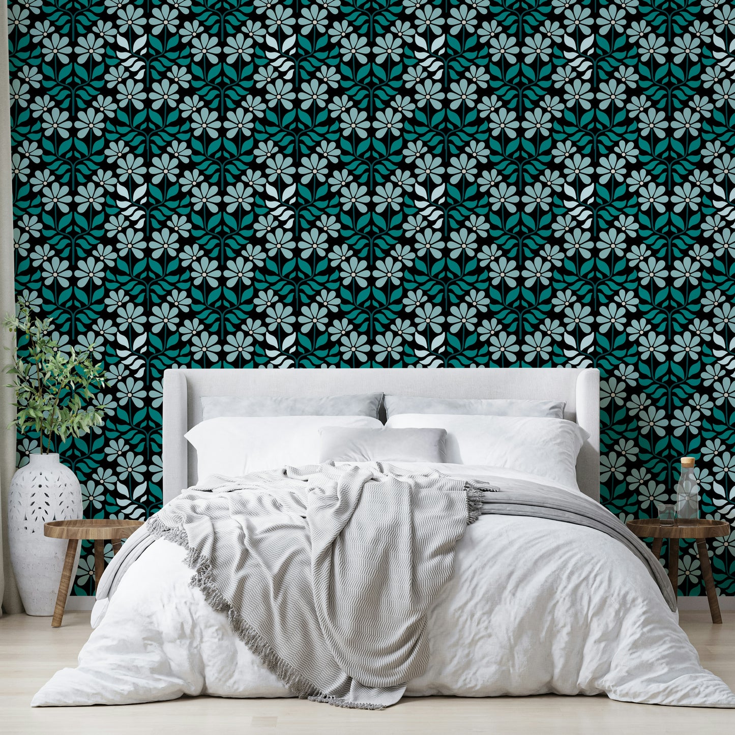 Soft blue wallpaper with bold flower prints

