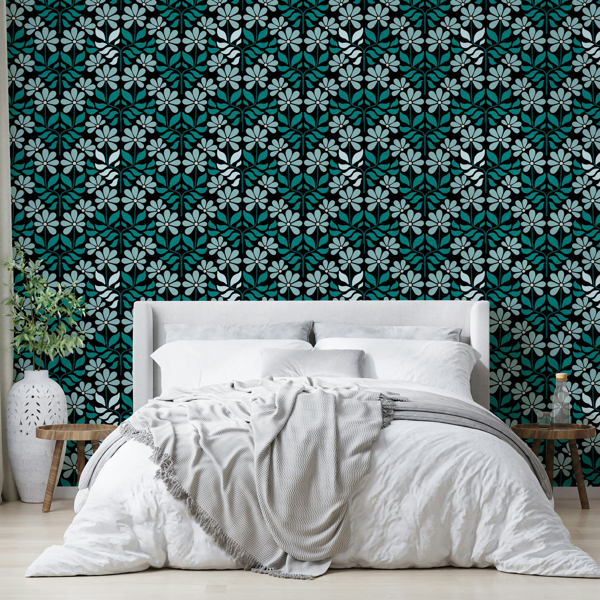 Soft blue wallpaper with bold flower prints

