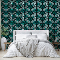 Soft blue wallpaper with bold flower prints


