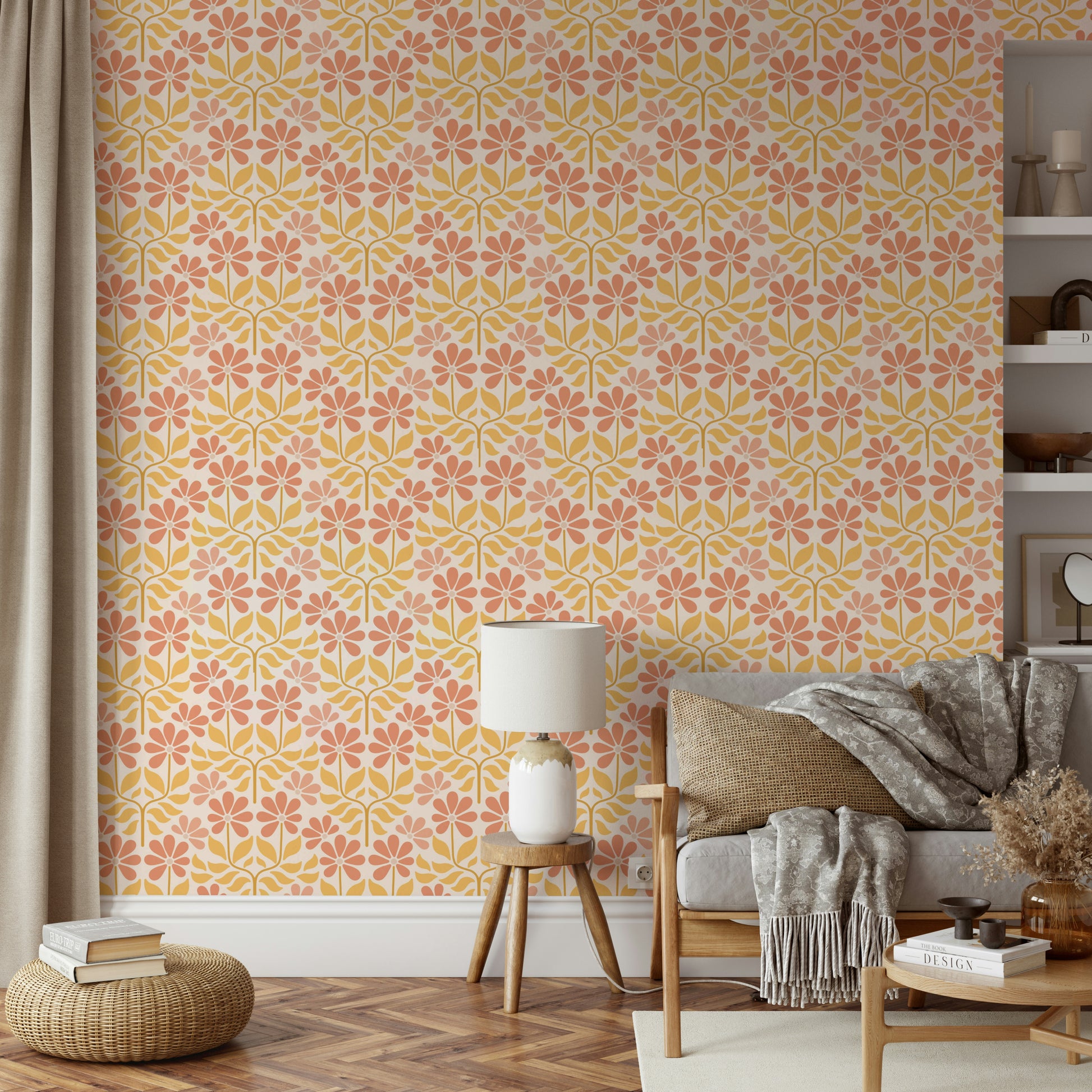 Funky wallpaper with large vintage blossoms

