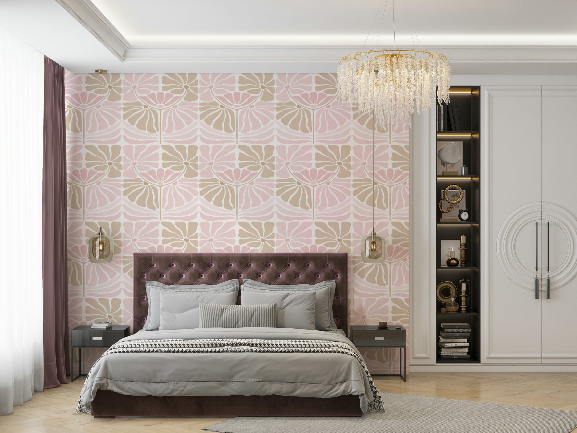 Romantic blush wallpaper with blooming flowers

